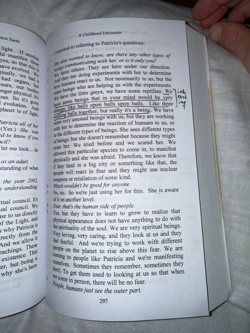 The Three Waves page 297 with highlighted strange beings passage