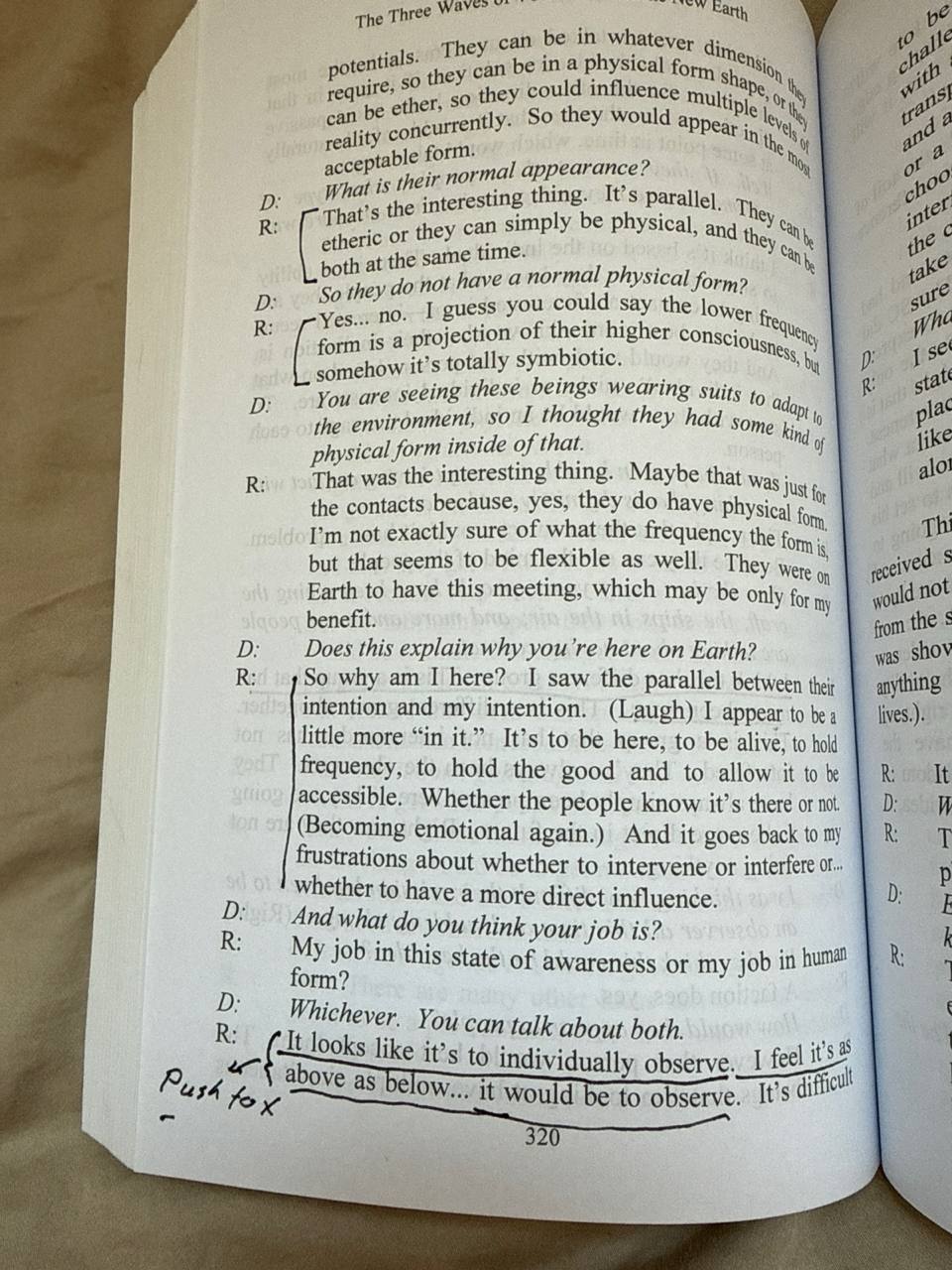 The Three Waves page 320 with bracketed passage on observation and consciousness spanning